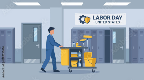 United States Labor Day illustration with male janitor and cart