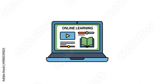 Online education concept illustrated on a laptop screen depicting video lessons and ebooks
