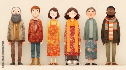 Wallpaper Mural Diverse inclusive group portrait of people with disabilities, multigenerational ages and ethnicities standing together in warm patterned clothing illustration Torontodigital.ca