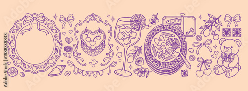 Cocktail and garnish doodle set, purple drink vector illustrations, bar menu line art collection, summer beverage graphic elements, tropical drink hand drawn icons, purple cocktail sketch art, elegant