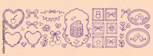 Whimsical food fruit frame set, purple kitchen border illustrations, cake and fruit line art, cute culinary frame collection, decorative kitchen label vectors, purple berry and pastry frames, playful 
