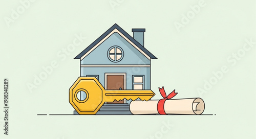 Illustration of a house with a key and a scroll symbolizing property ownership and legal documents.