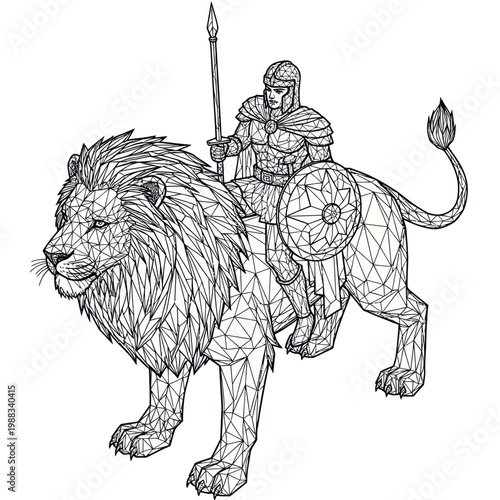 Warrior Riding Lion Illustration Detailed Drawing.