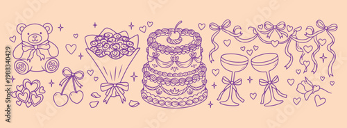 Celebration cake and flower set, purple birthday party line art, floral bouquet and sweets vector, festive event graphic collection, tiered cake and blossom doodles, elegant party decoration illustrat