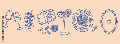 Gourmet picnic food sketch set, sardine tin and cocktail vector, wine and snack line art, European food illustration collection, outdoor dining graphic elements, hand drawn gourmet food doodles, vinta