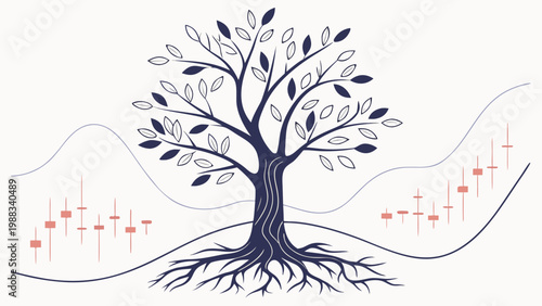 Business Growth Tree with Financial Chart Roots Vector Illustration, Data Driven Investment and Profit Concept