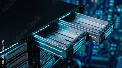 Data server rack drawer open, metal storage tray in dark technology room