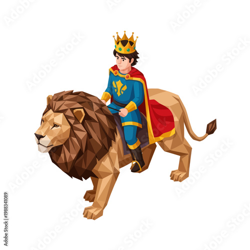 Schilderij op canvas King Riding Lion Cartoon Character Illustration.