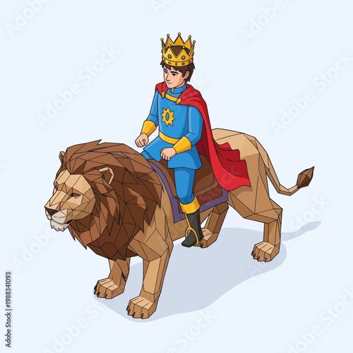 Cartoon King Riding Lion with Crown.