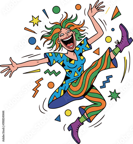 Cartoon Woman Celebrating with Geometric Shapes