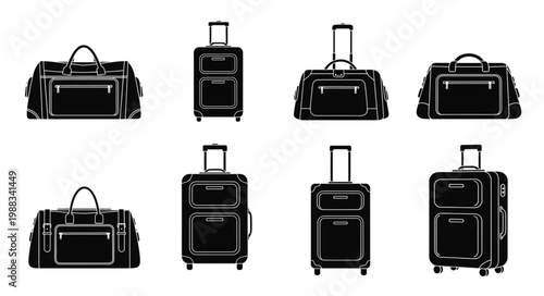 Collection of black luggage and travel bags on white background.
