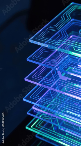 Layered acrylic circuit board macro shot with blue and purple glow on dark background