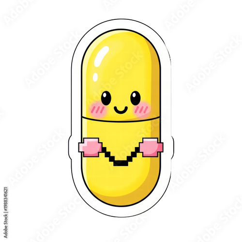 Happy yellow cartoon pill character illustration