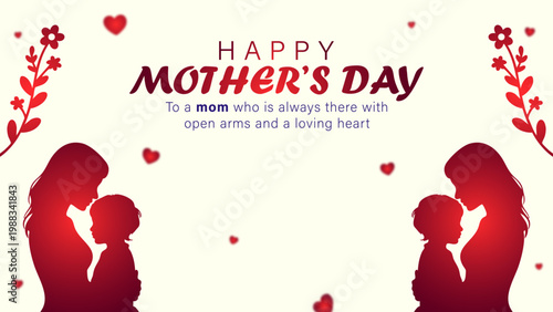 happy mother’s day greeting card with mom and child silhouette, elegant mother and child love illustration with hearts and flowers, modern mother’s day design with loving mom quote and red silhouette