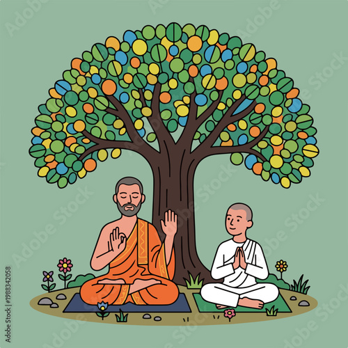 Monks Meditating Under a Bodhi Tree