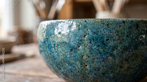 Close-up of a Beautifully Glazed Ceramic Bowl on a Wooden Table