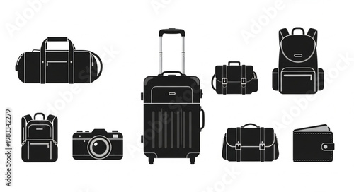 Collection of travel bags and accessories in black silhouette.