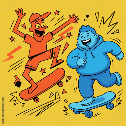 Cartoon Skateboarders on Yellow Background