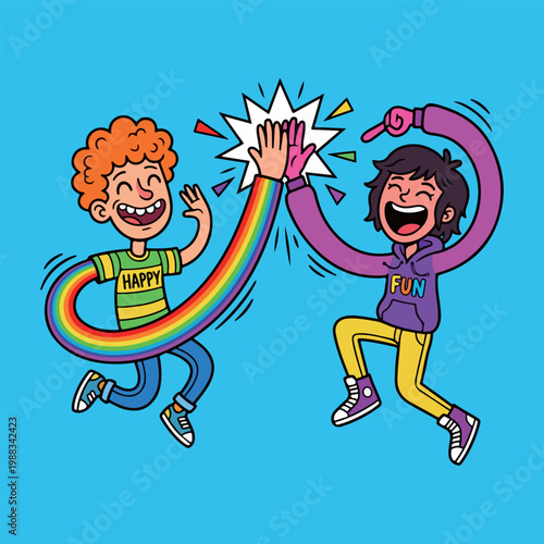 Cartoon Kids High-Fiving with Rainbow Arm
