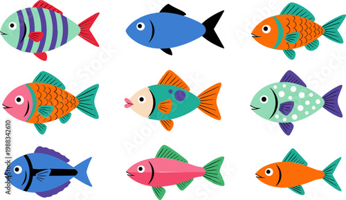 Colorful Cartoon Fish Collection with Various Tropical Species, Cute Marine Animals Set for Kids Illustration, Aquarium Design, Ocean Life Vector Clipart