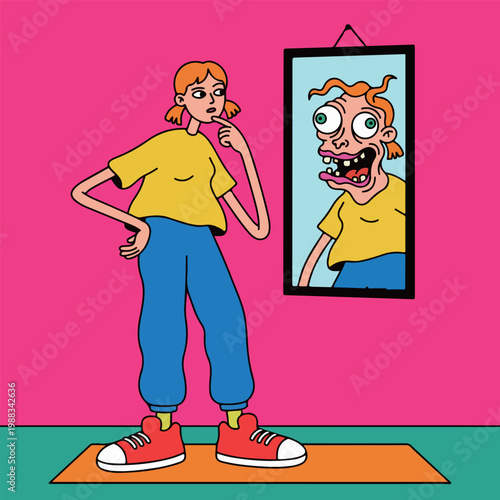 Woman Contemplates Her Reflection