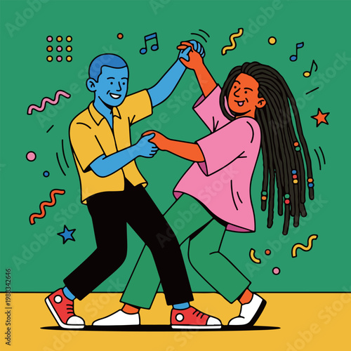 Couple Dancing with Musical Notes and Confetti