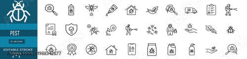Pest control and extermination service web line icons set featuring insect magnifying search bug life cycle chemical spray hazmat worker beetle target and more Vector Illustration with editable stroke