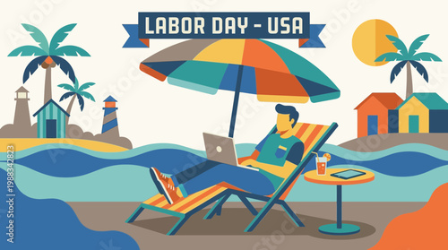 Labor Day USA Illustration of Man Working Remotely on Tropical Beach