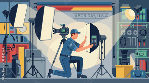 Professional Photographer Adjusting Lighting in Studio Illustration