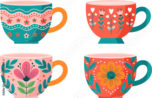 Colorful Decorative Tea Cups Set with Floral Patterns, Folk Art Style Mugs, Cozy Beverage Illustration for Kitchen Design, Cafe Branding and Home Decor