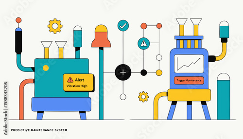 Predictive maintenance system with industrial machines and sensors monitoring vibration and performance, automation technology in smart manufacturing concept