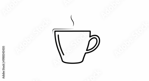 A stylized black and white line drawing of a steaming cup of coffee