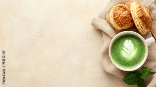Matcha latte and scones on linen