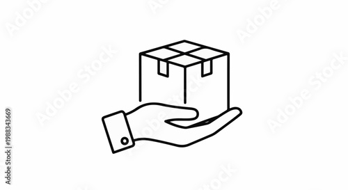 Stylized line drawing of a hand holding a cube-shaped parcel