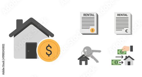 Real estate and rental concepts showcased through illustrative symbols and simplified depictions
