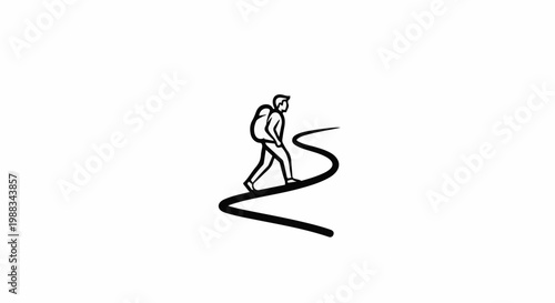 Stylized illustration of a hiker walking on a winding path