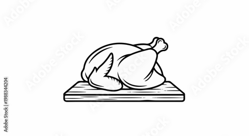 A simple black and white line drawing of a whole roasted chicken on a wooden board