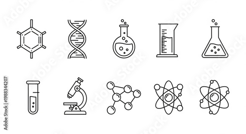 Collection of science and chemistry icons in a flat design style.