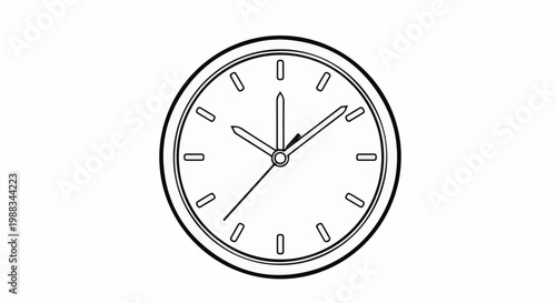 A simple line drawing of a round clock face with hour markers and hands