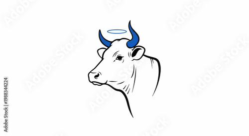 A simple line drawing of a white cow with blue horns and a halo