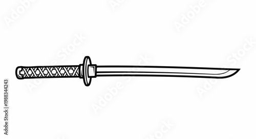 A stylized black and white illustration of a katana with a woven handle