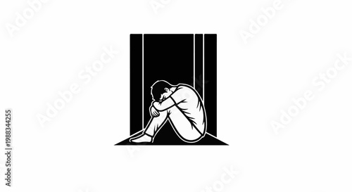 A stylized illustration shows a person curled up in a fetal position in a dark, narrow space