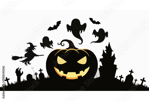 Halloween party poster vector with pumpkin ghost witch bat haunted house cemetery zombie hand silhouette design