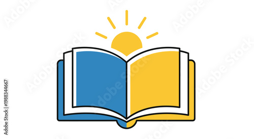 Symbolic representation of knowledge and enlightenment through a book and a rising sun