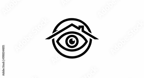 Stylized eye within a house outline and circle