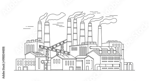 Sketch of an industrial city with smoking chimneys and buildings.
