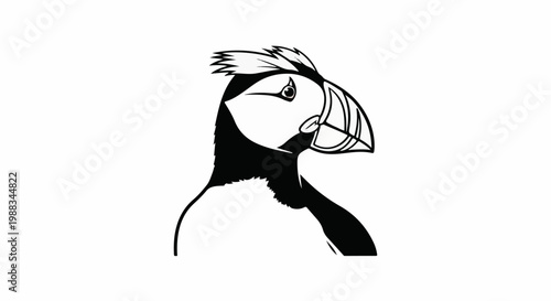 Stylized black and white illustration of a puffin's head and upper body.