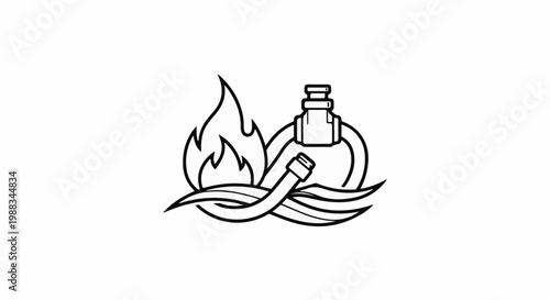 Stylized emblem with a flame, fire hose, and swirling water elements