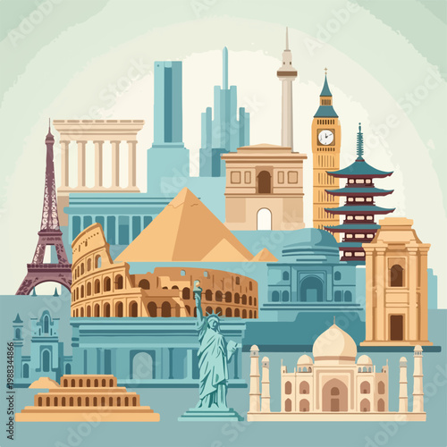 A stylized illustration depicting landmarks from different regions of the world