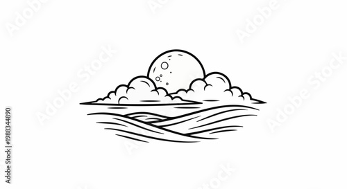 Stylized illustration of moon rising over rolling waves with clouds